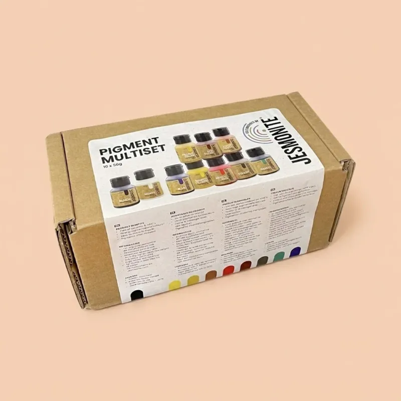 Coffret du Pack de 10 pigments pour Jesmonite vu de trois quarts, fermé