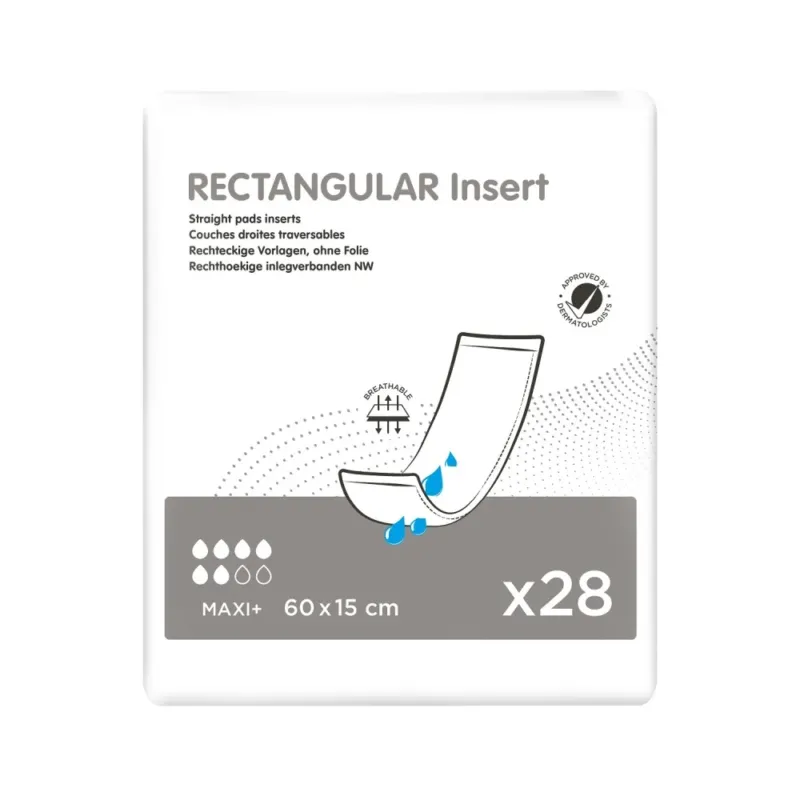 Packung Rectangular Insert Maxi+ 60x15 cm, 28 Stück, atmungsaktive Inkontinenzvorlagen ohne Folie.