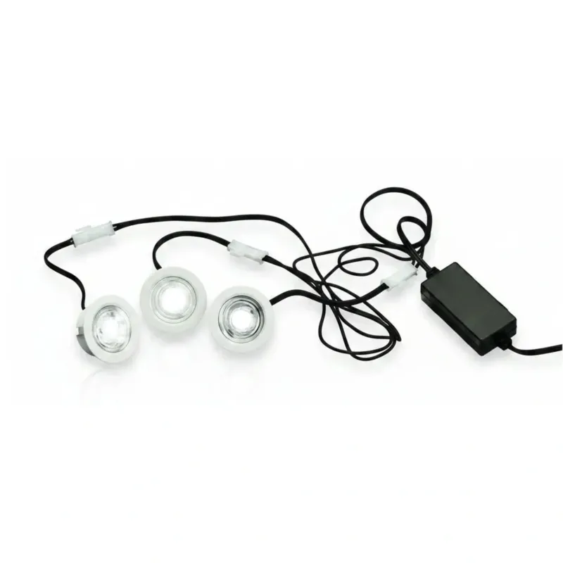 3er Set Mini LED Einbaustrahler 3×1 W kaltweiß – ultra flach – IP43 – inkl. Trafo