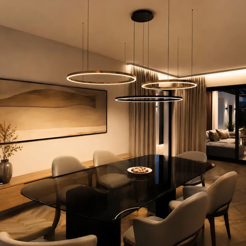 s.luce LED Ring Pendelleuchte rund Direkt oder Indirekt über modernem Esstisch in elegantem Wohnraum