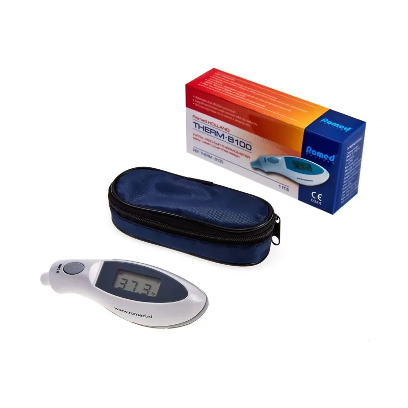 Romed THERM-B100 Infrarot-Ohrthermometer mit blauer Tragetasche und Originalverpackung freigestellt