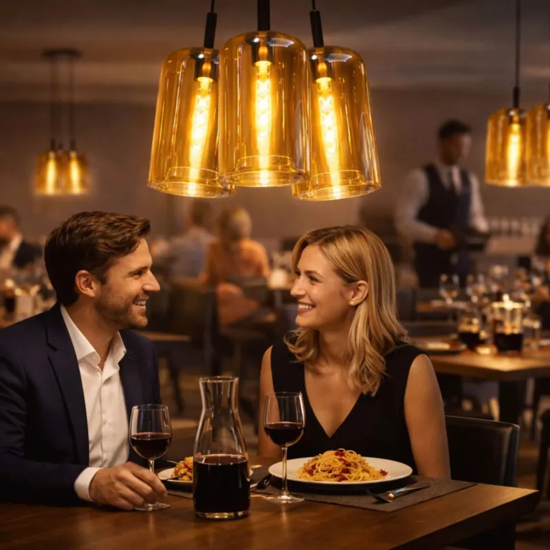 s.luce Cruet Cluster Glas-Pendelleuchte 3-flammig 3x17 über einem stilvollen Restauranttisch mit warmem Licht