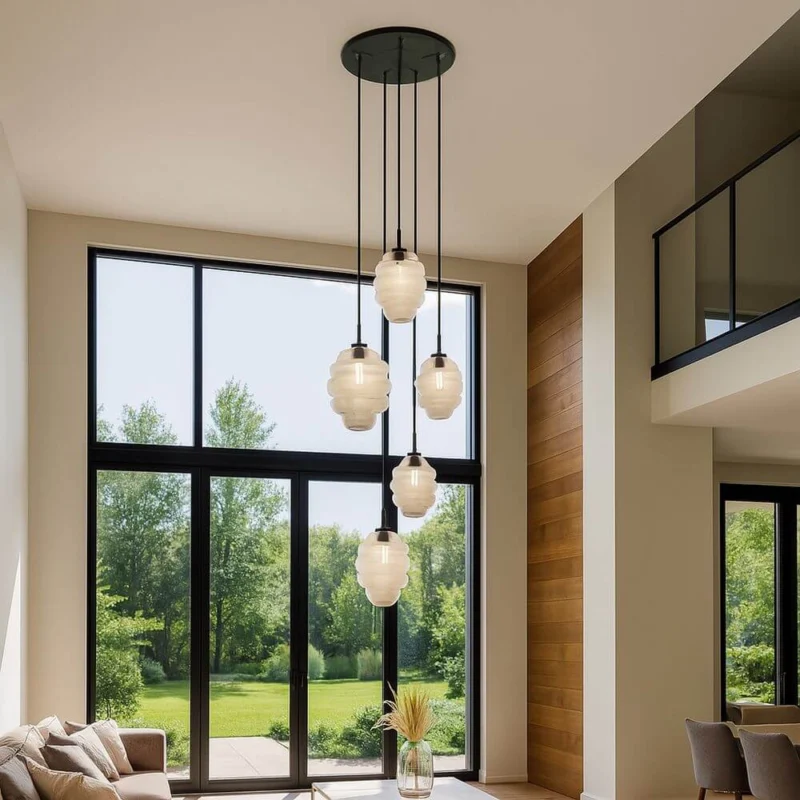 s.luce Echos Galerieleuchte 5-flammig Ø 60cm Baldachin Ø 18/25cm in modernem Wohnraum mit großen Fenstern.