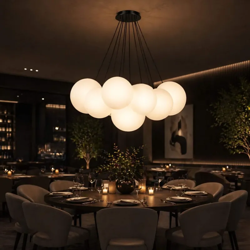 s.luce Orb Cluster Mehrfach-Pendelleuchte 7-flammig 7x20cm in modernem Restaurant-Setting.