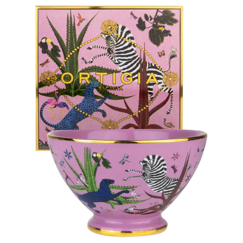 Pinke Keramikschale mit exotischem Jungle-Motiv von Ortigia Sicilia