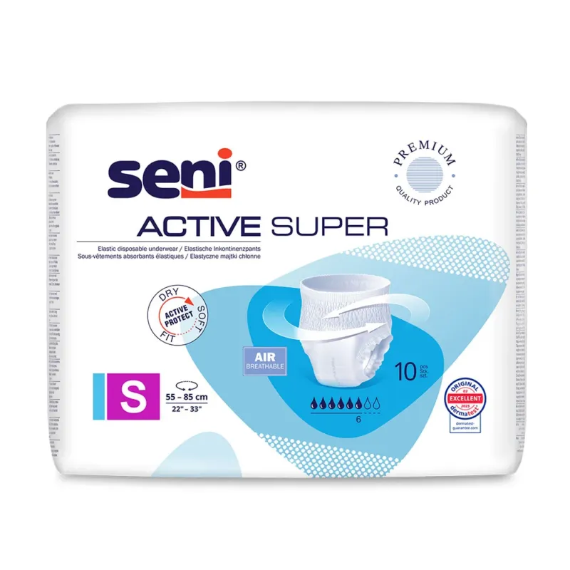 Frontalansicht einer Packung Seni Active Super Small Inkontinenzhosen.