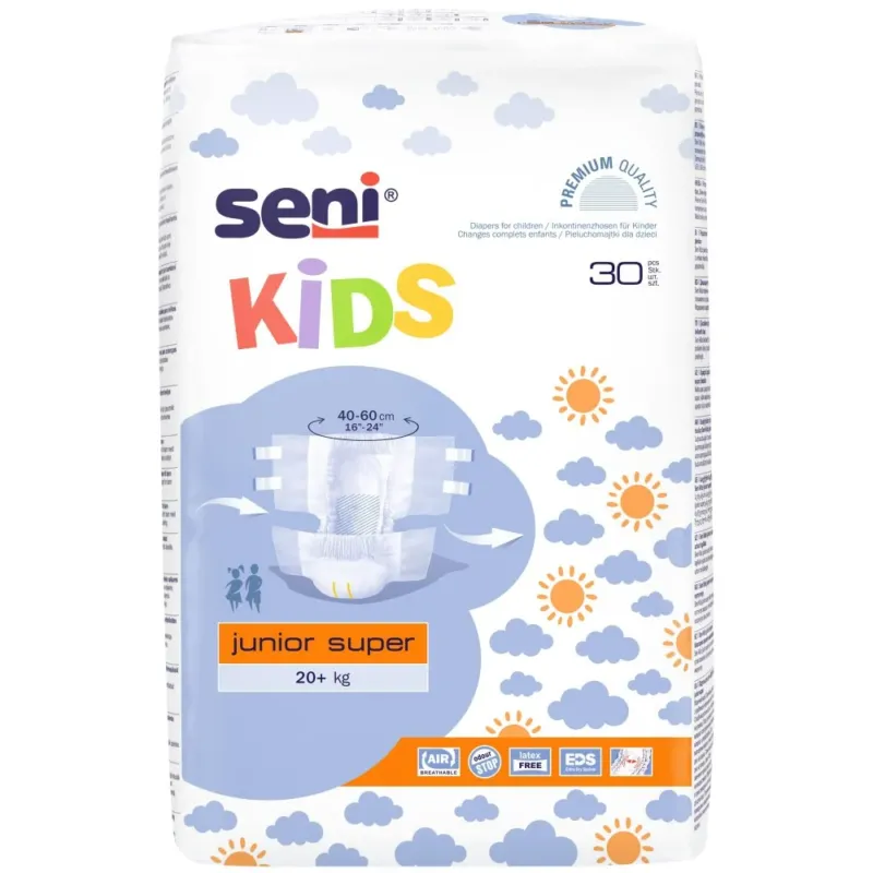 Produktbild eines Kinder-Windels mit dem Namen „Seni Kids Junior Super“. Die Verpackung zeigt lebendige Farben und ein fröhliches Design, ideal für Kinder. Auf der Vorderseite befindet sich eine Abbildung eines lächelnden, spielenden Kindes, das die Zielgruppe anspricht. Die Struktur der Windel wird durch eine transparente Fensterpartie sichtbar, die eine der Windeln zeigt.
