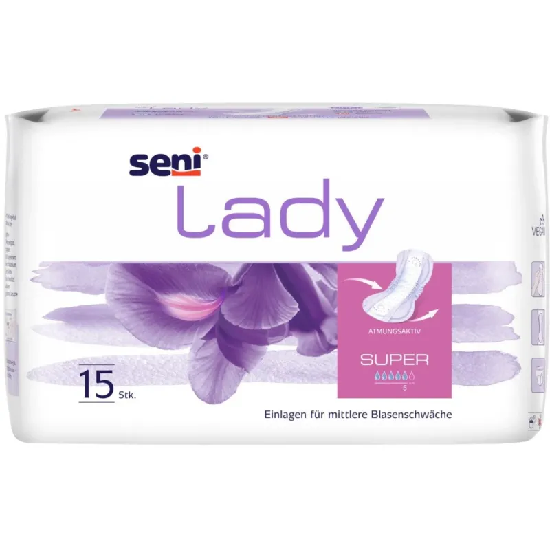Ein Paket mit Seni Lady Super, einer Inkontinenzunterwäsche für Frauen. Die Verpackung zeigt eine stilvolle Designgrafik in sanften Farben, mit einer Abbildung einer lächelnden Frau, die sich aktiv und selbstbewusst in einem hellen Raum bewegt. Der Produkttitel „Seni Lady Super“ ist klar lesbar, und es sind Informationen zur Saugkraft sowie der Größe auf der Vorderseite angegeben. Im Hintergrund sind zarte Linien und Muster, die das moderne und feminine Design unterstreichen.