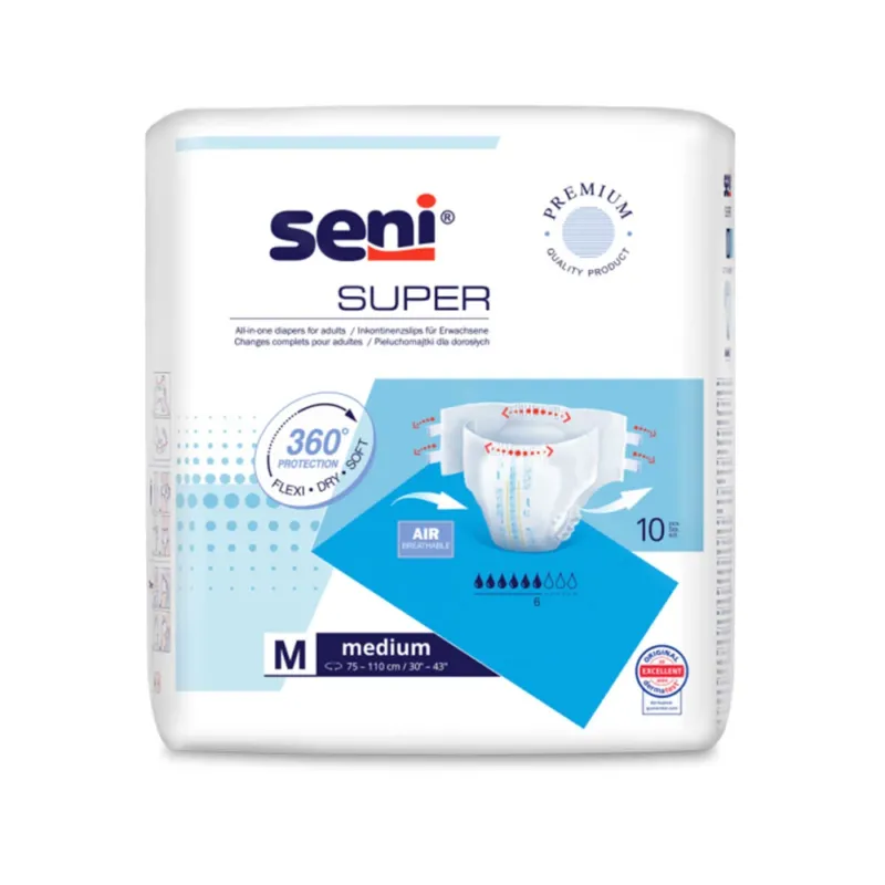 Packung Super Seni Medium Inkontinenzhosen – Vorderansicht, Größe M (75–110 cm), 10 Stück, blaue und weiße Verpackung mit Seni-Logo