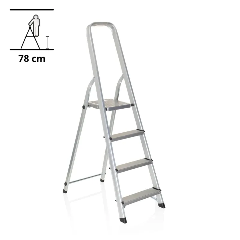 Silberne Klappleiter SOLID II aus Aluminium mit vier Stufen und Handlauf von hjh OFFICE