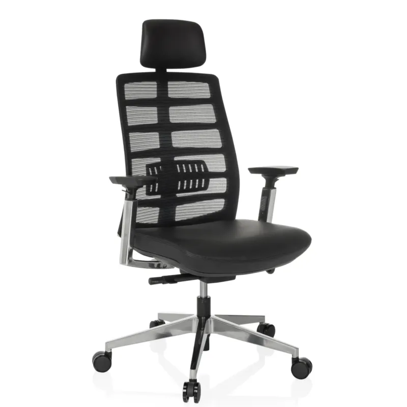 High-End-Bürostuhl SPINIO ELITE L mit schwarzem Netzbezug und Ledersitz von hjh OFFICE
