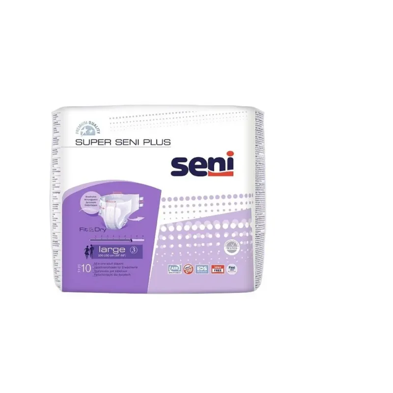 Alt-Text: Das Bild zeigt eine Packung von Super Seni Plus L, einem Produkt zur Inkontinenzversorgung. Die Packung ist klar strukturiert und enthält 10 Stück der Einlagen. Die Vorderseite zeigt das Logo "Super Seni" sowie die Bezeichnung "Plus L" in großen, auffälligen Buchstaben. Die Verpackung ist in hellen Farben gestaltet, mit einem Fokus auf Blau und Weiß. Es sind zusätzliche Informationen und Symbole abgebildet, die auf die hautfreundliche und saugfähige Eigenschaft der Produkte hinweisen.