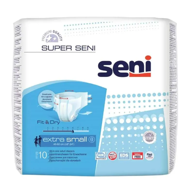 Ein Pack mit ten Super Seni XS Inkontinenzprodukten für Erwachsene wird abgebildet. Die Verpackung zeigt ein ansprechendes Design in sanften Farben, hauptsächlich in Blau und Weiß. Auf der Vorderseite sind klar lesbare Informationen zu den Produkteigenschaften, wie z.B. die Größe XS, aufgeführt. Die Abbildung der Produkte selbst zeigt Windeln mit einer praktischen Anwendung, die auf den Komfort und die Saugfähigkeit hinweist. Im Hintergrund ist eine neutrale Fläche zu erkennen, die das Produkt hervorhebt.