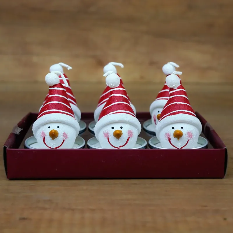 Schneemann-Teelichter mit roter Mütze im 6er Set, handgemacht in Dresden