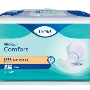Ein Paket mit TENA Comfort Normal Inkontinenzprodukten ist abgebildet. Die Vorderseite der Verpackung zeigt das TENA-Logo und die Bezeichnung „TENA Comfort Normal“ klar und deutlich. Die Verpackung hat eine ansprechende Farbauswahl in Blau und Weiß. Auf der Seite sind zusätzliche Informationen zur Produktnutzung abgedruckt. Die Grafik vermittelt eine seriöse, vertrauensvolle Ansprache und richtet sich an Erwachsene, die Unterstützung bei Inkontinenz benötigen. Das Gesamtbild ist klar, hell und informativ.