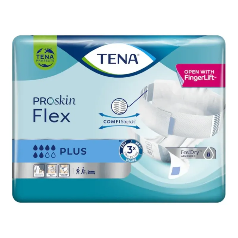 TENA Flex Plus ist eine schützende Inkontinenzeinlage, die auf dem Bild dargestellt wird. Die Einlage hat eine hygienische, weiße Oberfläche und ist mit einem flexiblen, elastischen Gürtel versehen, der für Sicherheit und Komfort sorgt. Diese Einlage ist speziell für die Bedürfnisse von Menschen mit mittlerer bis schwerer Inkontinenz konzipiert. Das Produkt ist in einer ansprechenden Verpackung präsentiert, die klare Hinweise zur Anwendung und Pflege bietet.