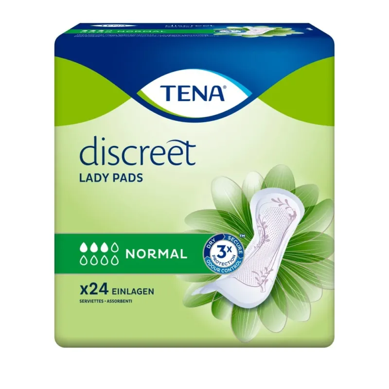 Produktbild eines TENA Lady Discreet Normal Damenhygieneprodukts. Die Verpackung zeigt ein modernes, ansprechendes Design in sanften Farben, überwiegend in Weiß und Lila. Oben links ist das TENA-Logo zu erkennen, während der Produktname gut lesbar in einer klaren Schriftart platziert ist. Die Verpackung enthält Informationen zu den Eigenschaften des Produkts, wie z.B. „Diskret“ und „Für leichtes Inkontinenz“. Der Hintergrund ist hell, was das Produktangebot fokussiert und die Anwendbarkeit unterstreicht.