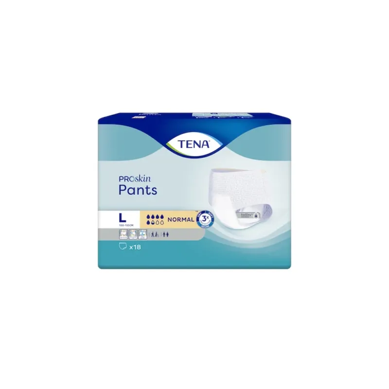 Produktbild von TENA ProSkin Pants Normal in der Größe L. Die Einlage ist in einer offenen Packung dargestellt, die eine helle, ansprechende Verpackung zeigt. Auf der Vorderseite sind Informationen zur Produktbezeichnung gut lesbar, einschließlich des markanten TENA-Logos. Der Hintergrund ist neutral, um die Aufmerksamkeit auf das Produkt zu lenken. Die Hosen sind weiß und haben ein einfaches, elegantes Design, ideal für eine diskrete Anwendung.