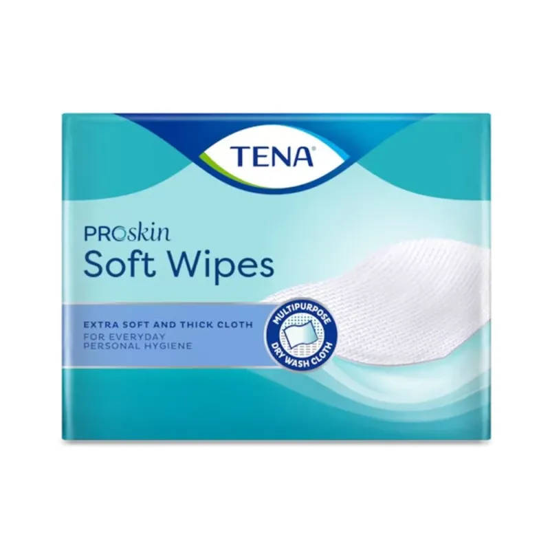 Hellblau-verpackte Feuchttücher von TENA Proskin Skincare in einer rechteckigen Box, die auf einem neutralen, hellen Hintergrund präsentiert wird. Auf der Vorderseite der Verpackung sind der Produktname und das Logo deutlich sichtbar, umgeben von sanften grafischen Elementen. Die Packung wirkt frisch und hygienisch. Die Tücher sind speziell für empfindliche Haut formuliert und bieten sanfte Pflege.