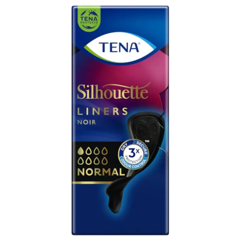 Produktbild von TENA Silhouette Linern in der Normal-Ausführung, in elegantem Schwarz. Im Vordergrund sind die Verpackung und der Produktname gut sichtbar. Die Packung zeigt eine stilvolle, feminine Designgestaltung mit einem Fokus auf diskrete Sicherheit. Die Vorderseite hebt die Verwendung für den täglichen Schutz hervor, ideal für leichte Inkontinenz. Die Ansichten sind hell mit klarer Beschriftung, die Vorteile und die passende Größe anzeigt.