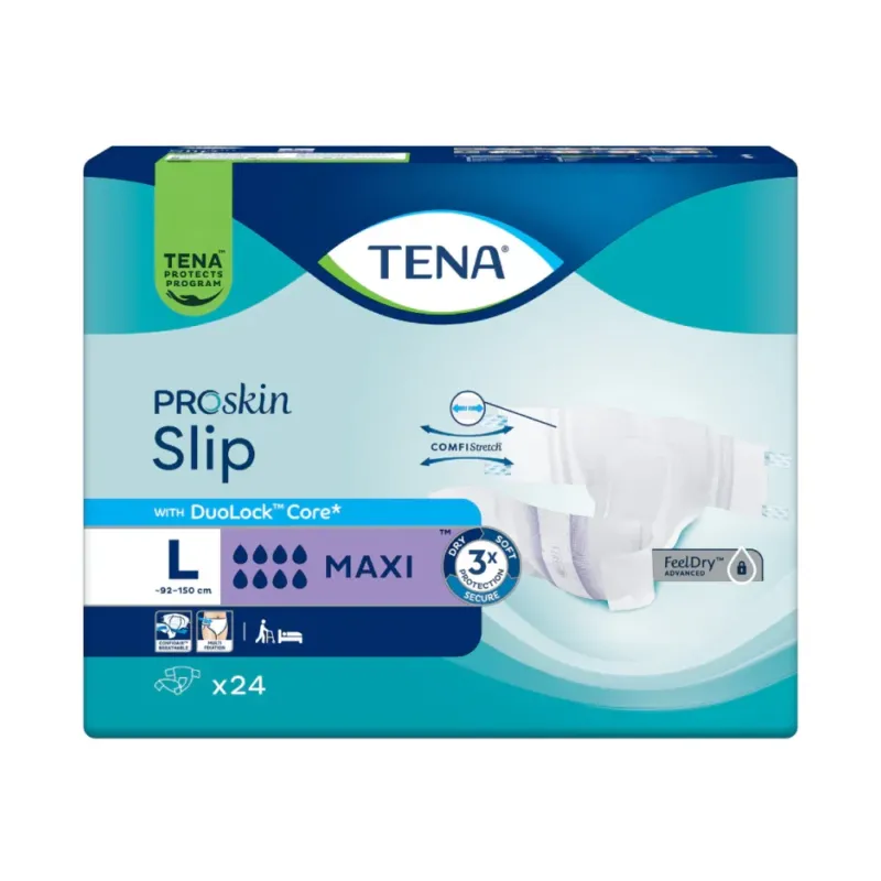 Frontalansicht TENA ProSkin Slip Maxi Größe L, Inkontinenzslip mit Klebeverschlüssen, Packung mit 24 Stück (Taillenumfang 92–150 cm)