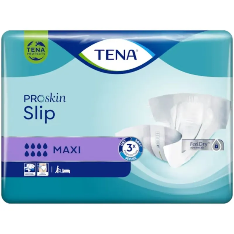 Ein Paket mit Tena Slip Maxi ProSkin, einer Produktreihe für Inkontinenzschutz. Die Vorderseite zeigt ein ansprechendes Design in Blau- und Grüntönen sowie das Tena-Logo. Auf der Verpackung sind Abbildungen der Windeln, die ihre anatomische Form und den hohen Saugschutz hervorheben. Unter dem Haupttext sind wichtige Informationen zu Größe und Saugkraft abgebildet. Im Hintergrund ist ein sanfter Farbverlauf, der das Produkt ansprechend präsentiert.
