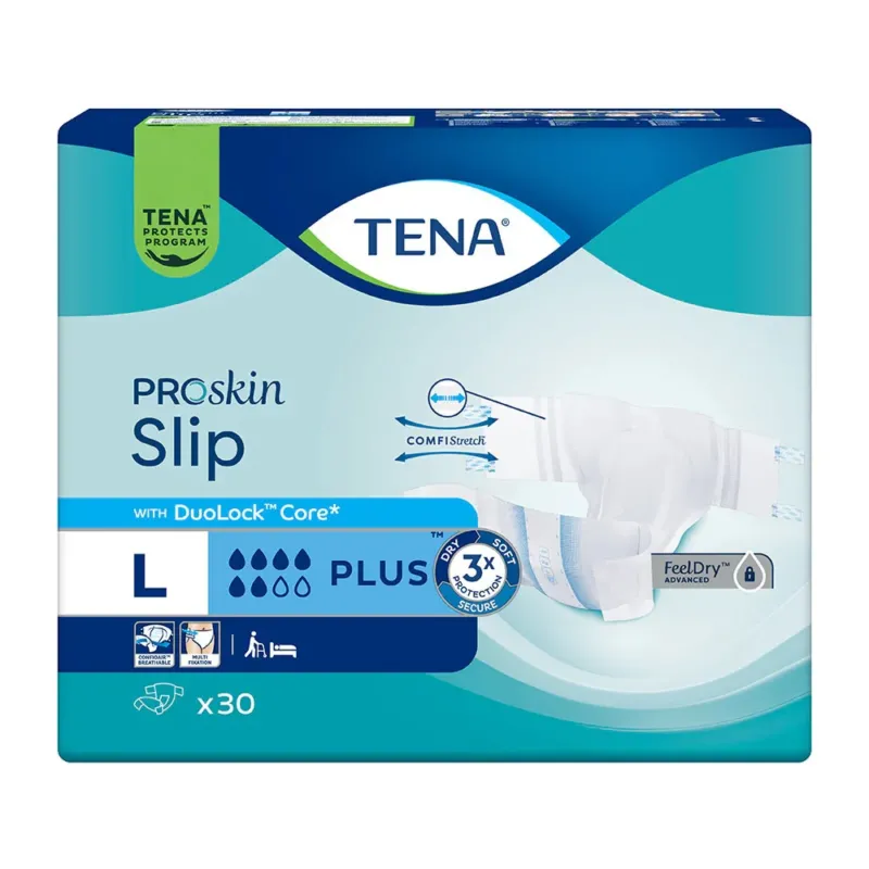TENA ProSkin Slip Plus Größe L, Inkontinenzslip mit Klebeverschlüssen, Packung mit 30 Stück (Taillenumfang 92–144 cm)