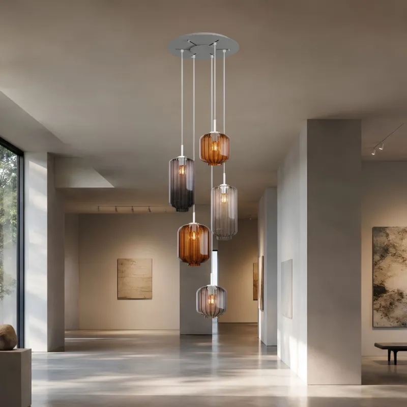 s.luce Velo Galerielampe 5-flammig Ø 60cm Baldachin Ø 18/20/25cm als elegante Glaspendelleuchte in modernem Wohnraum