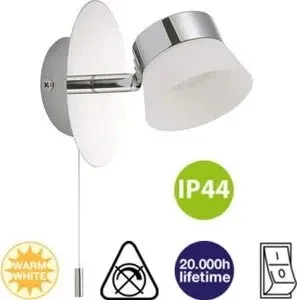 Wandlampe LED mit Schalter zum ziehen ip44 feuchtraum badezimmer lampe am waschbecken warmweiß 3000K briloner 2209-018 spiegellampe mit zugschalter chrom mit matten weißen Lampenschirm aus Kunststoff