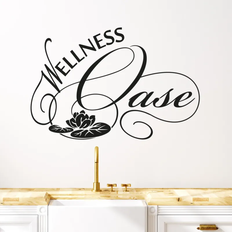 Schwarzer Wandaufkleber "Wellness Case" mit Lotusblüte.