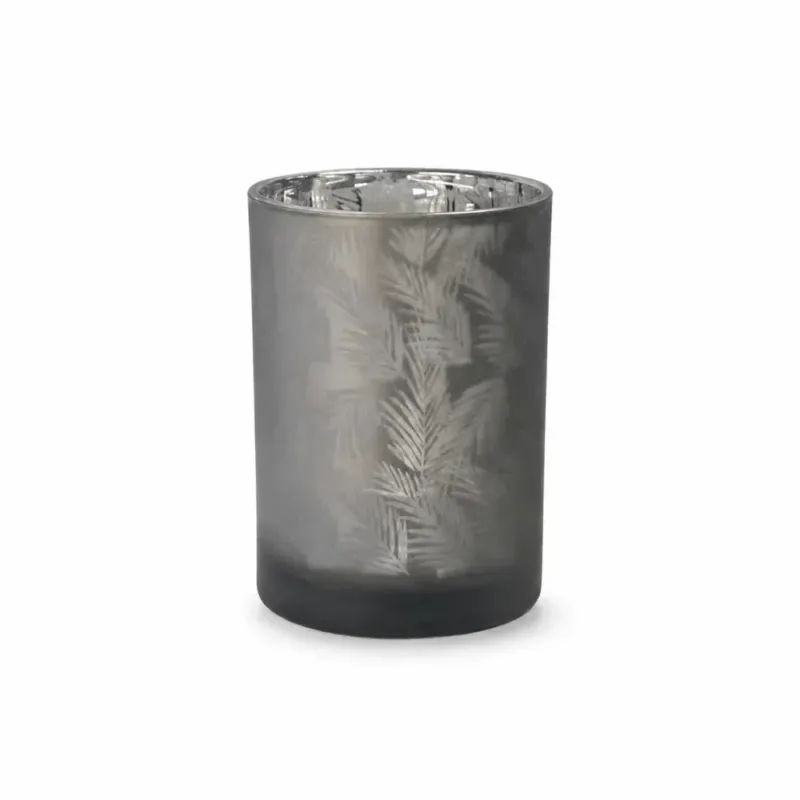 Windlicht Vase aus Glas in Grau-Silber mit feinem Blattmuster und glänzender Chrom-Innenbeschichtung