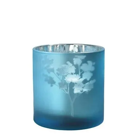 Windlicht Vase aus Glas blau silber mit Blumenmuster 15cm Glas