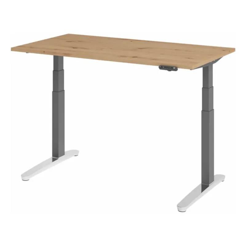 Elektrisch höhenverstellbarer Schreibtisch XBHM 14 GC in Asteiche mit grauen Beinen und Bedienfeld von hjh OFFICE PRO